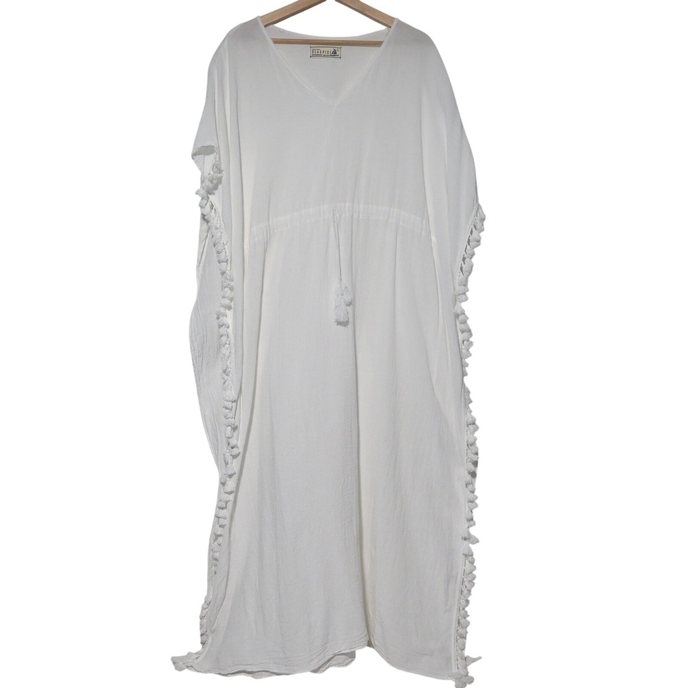 Seaspice Kaftan Women Pom Pom Trim Gauze Peruvian Cotton L White